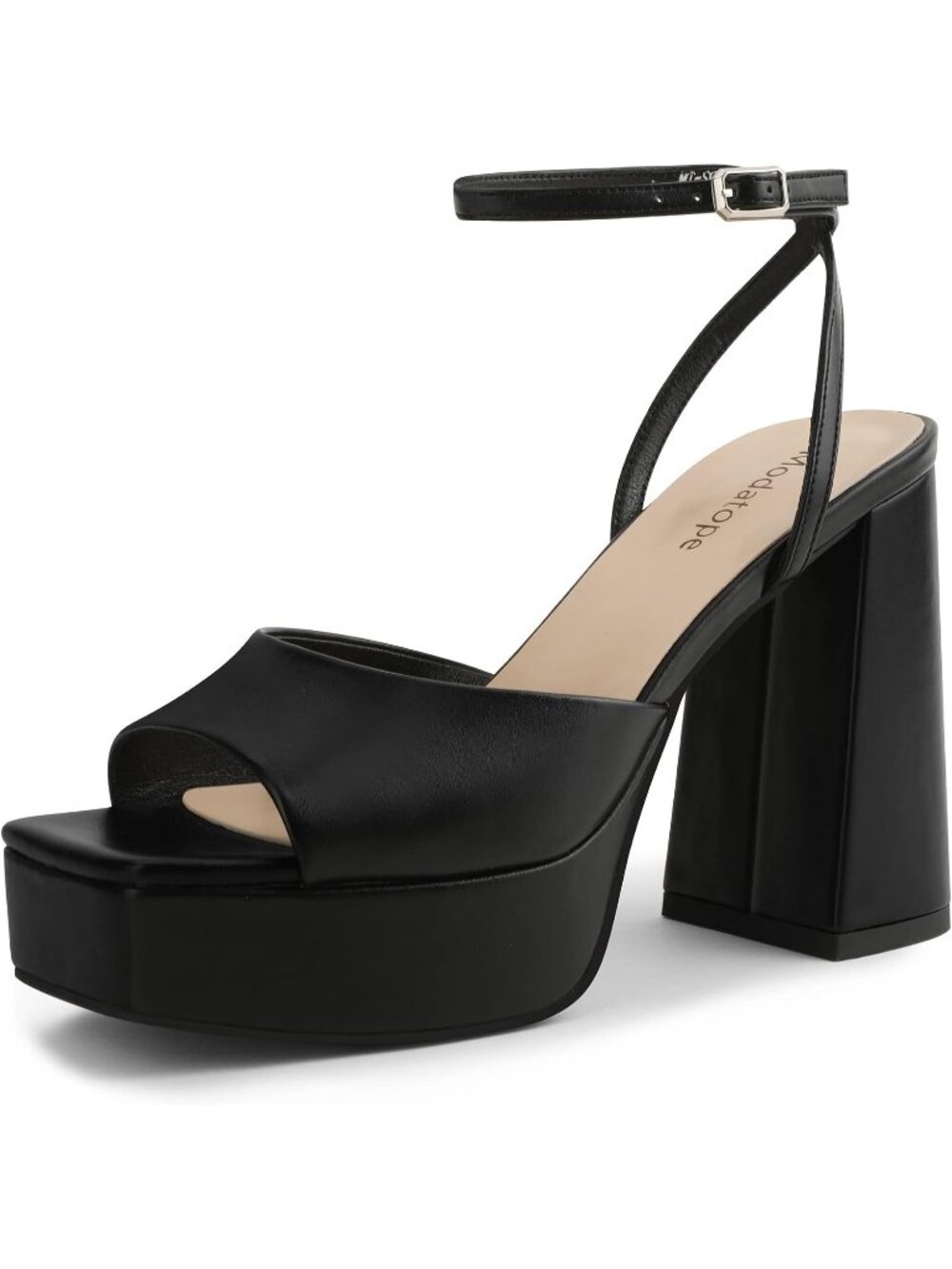 Women's Black Faux Leather Chunky Open Toe Ankle Strap Wedding Pumps Heels
